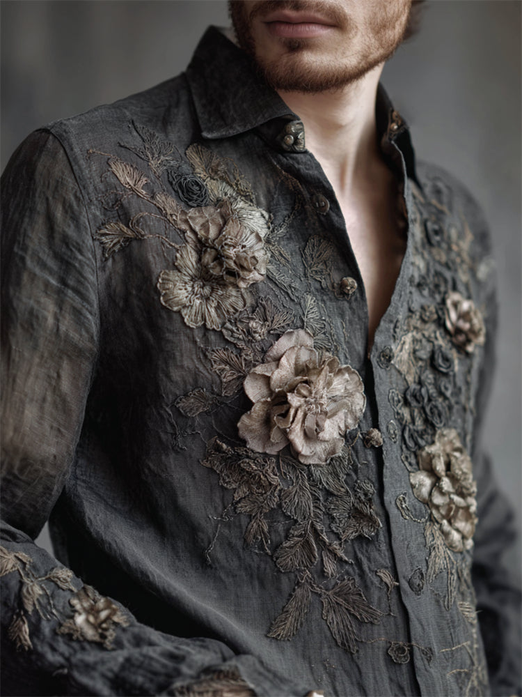 Men's Vintage Flowers Fiber Art Embroidered Linen Shirt artswardrobe