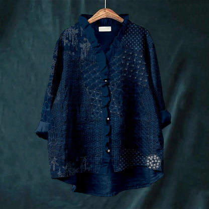 Comstylish Japanese Traditional Sashiko Art Ruffle Trim Linen Blouse