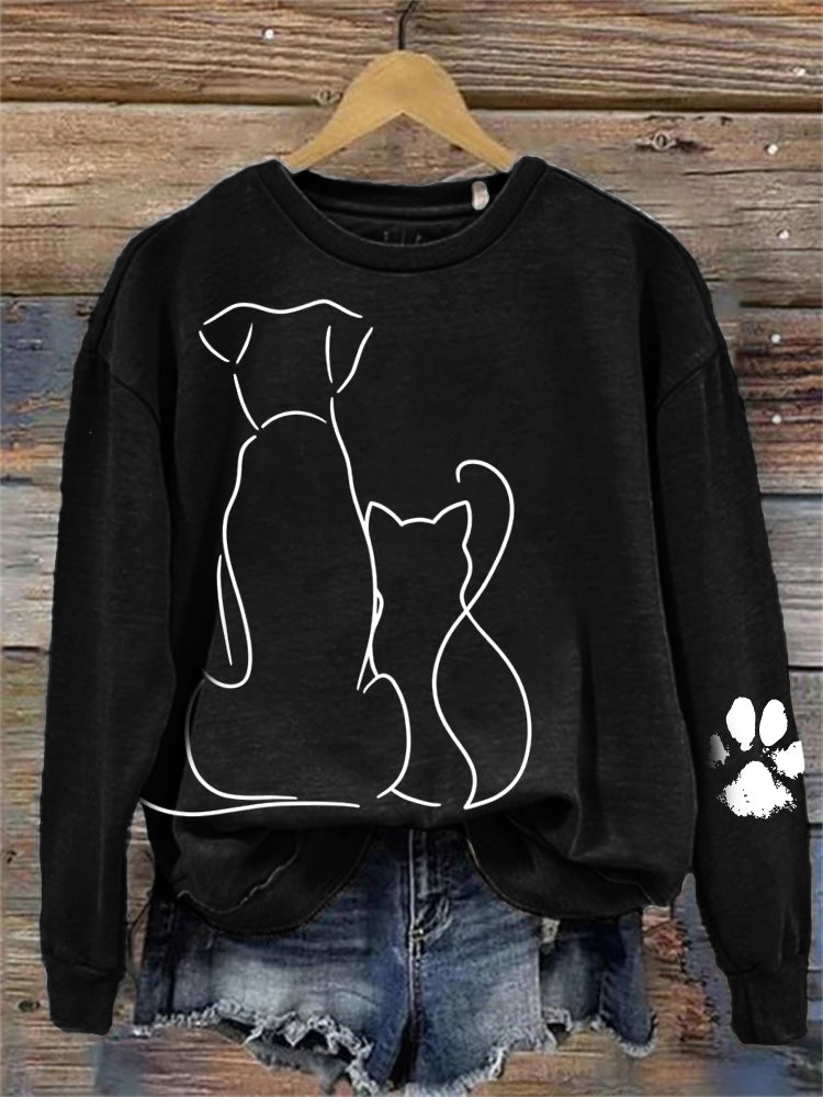 Cat & Dog Line Art Paw Print Comfy Sweatshirt elevenforest