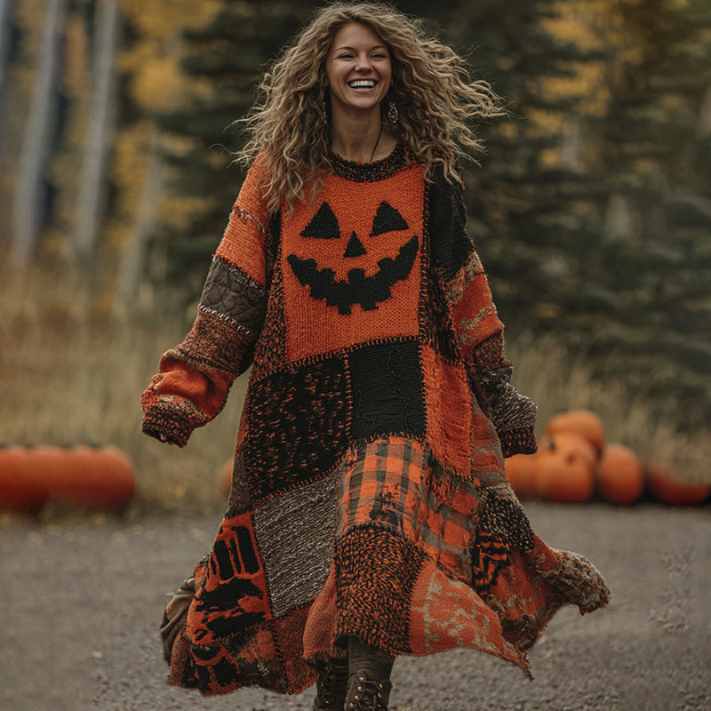 Vintage Patchwork Halloween Pumpkin Face Art Cozy Knit Maxi Dress elevenforest