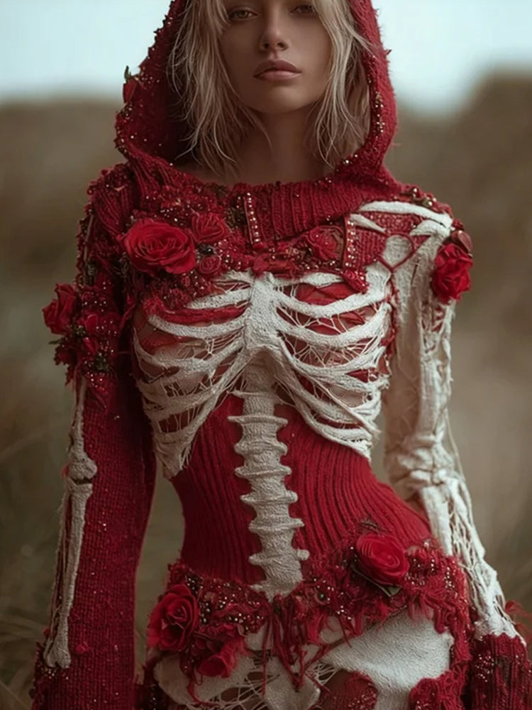 Comstylish Halloween Skeleton&red Rose Elegant Bandage Hooded Sweater