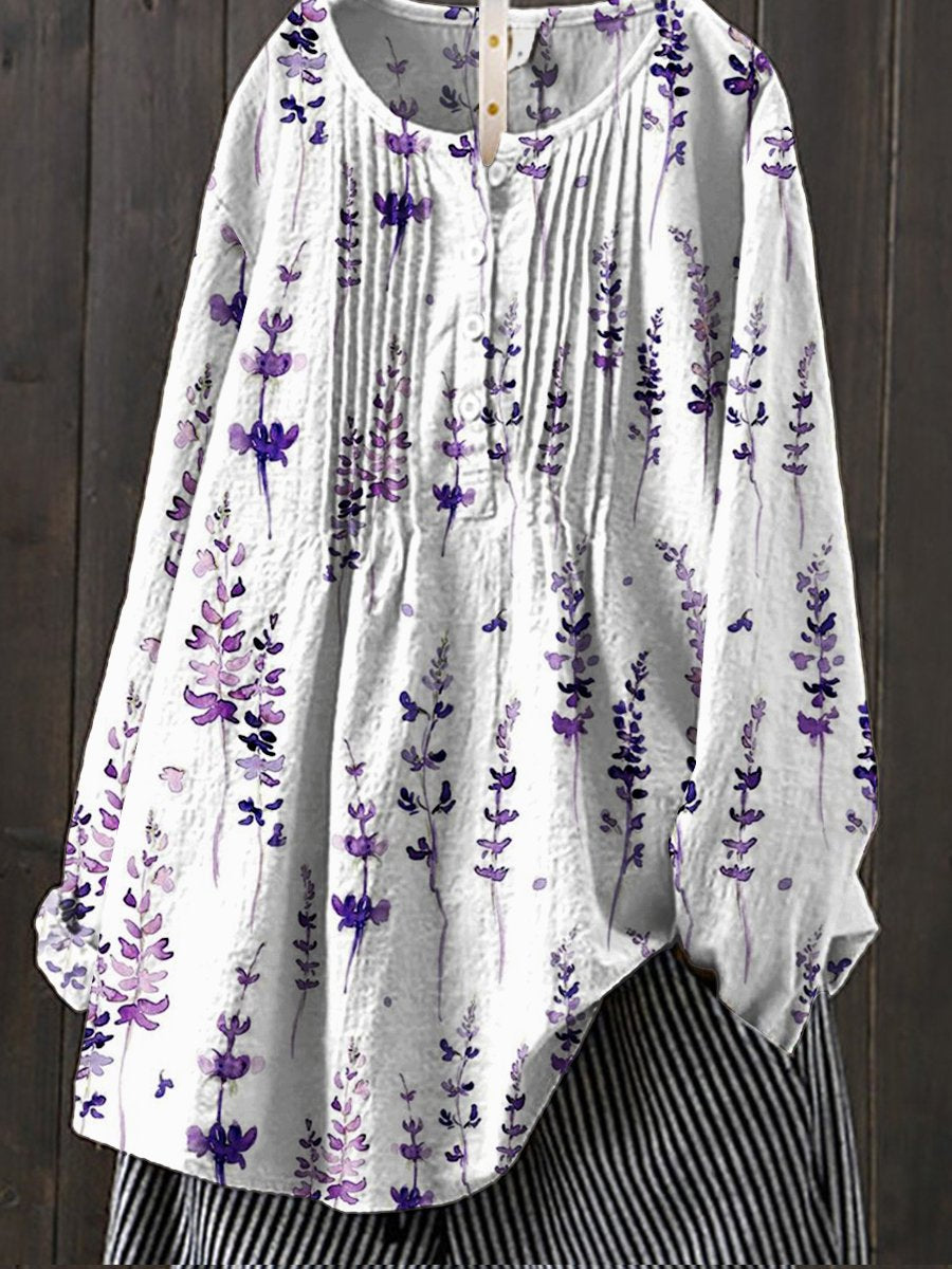 Women's   Flower Art Print Casual Cotton And Linen Shirt