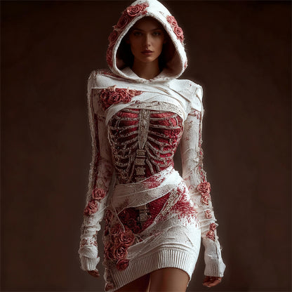 Comstylish Classy Skeleton Anatomy Bloody Roses Bandages Hooded Sweater Dress
