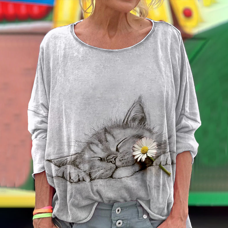 Cute Cat Sleeping Art Cozy Linen Crew Neck T-shirt elevenforest