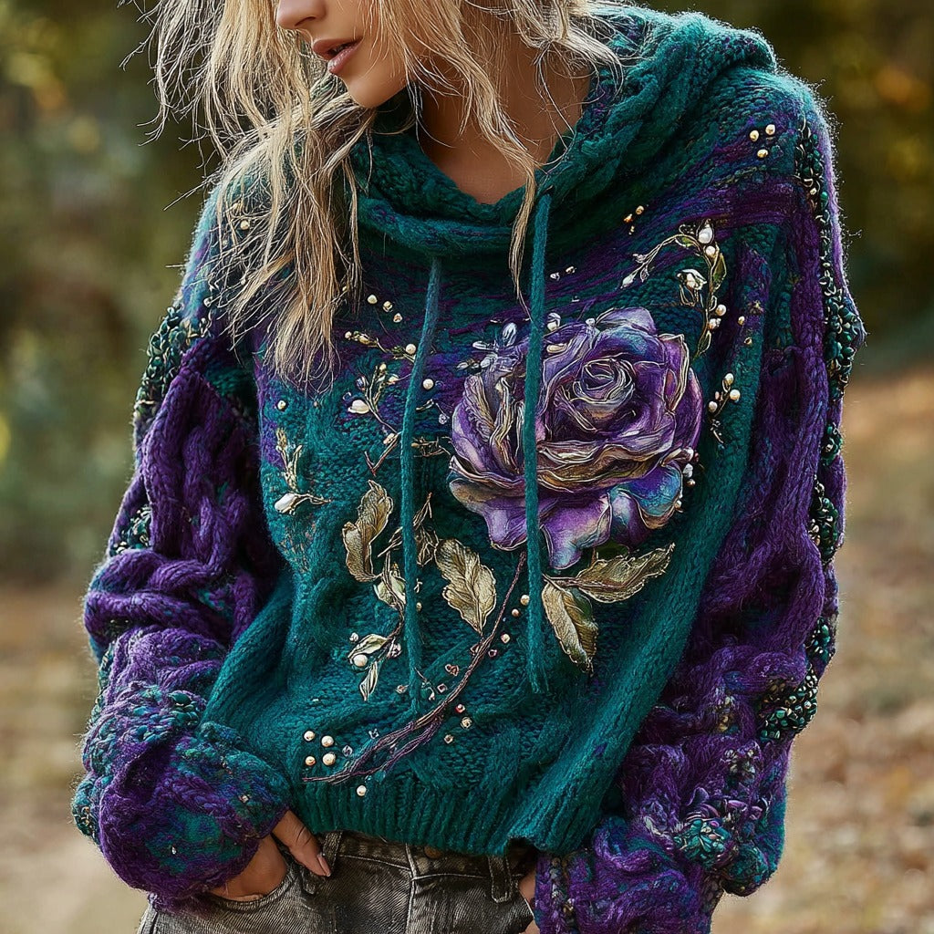 Women's Retro Rose Gradient Knitted Warm Hooded Sweater artswardrobe