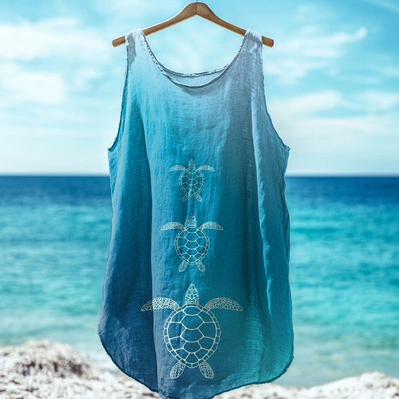 Sea Turtle Art Print Linen Blend Tank Top artswardrobe