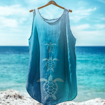 Sea Turtle Art Print Linen Blend Tank Top artswardrobe