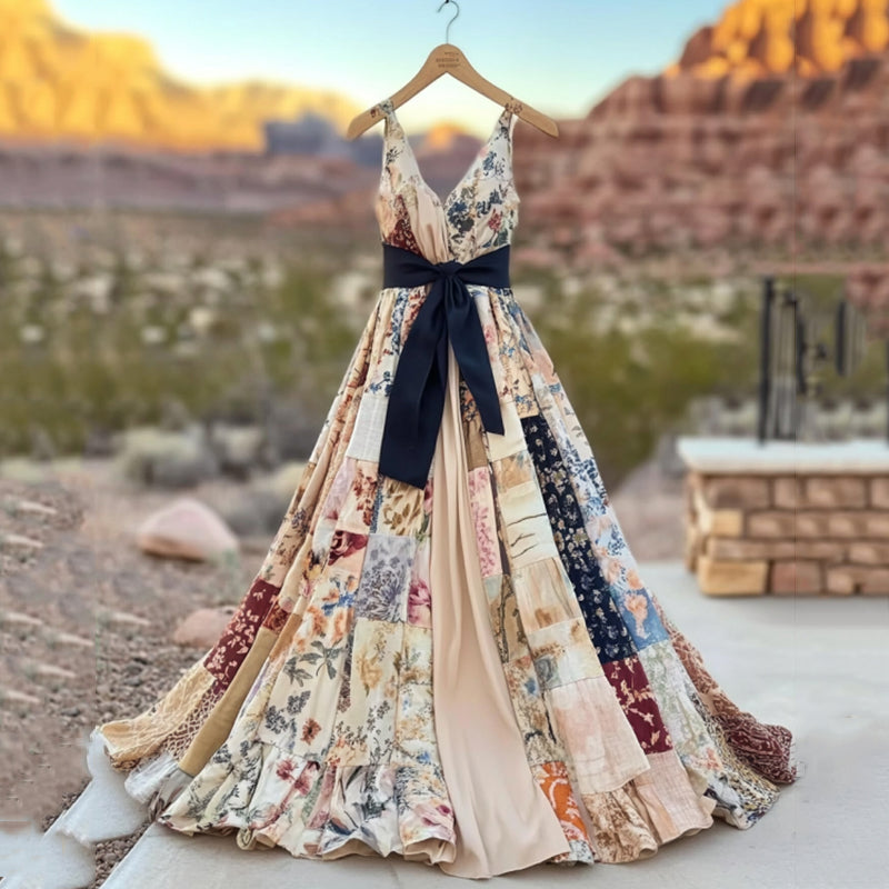 Women's Vintage Floral Patchwork Art Comfy Linen Dress artswardrobe