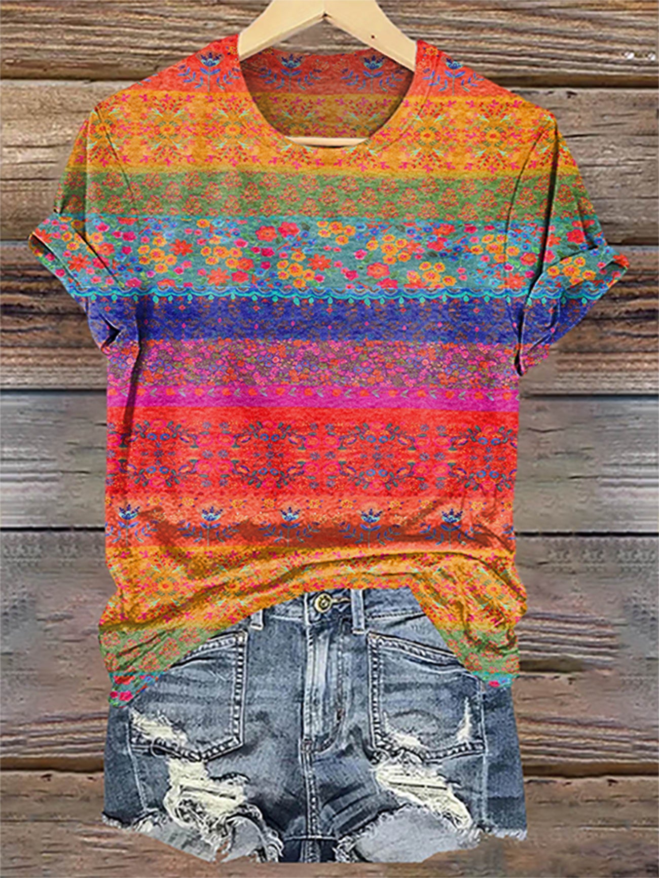 Vintage Striped Floral Print T-shirt