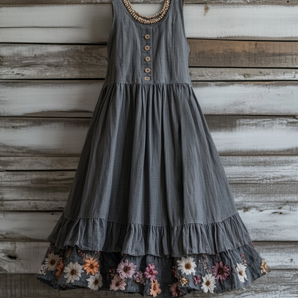 Women's Vintage Floral Embroidery Layered Dress artswardrobe