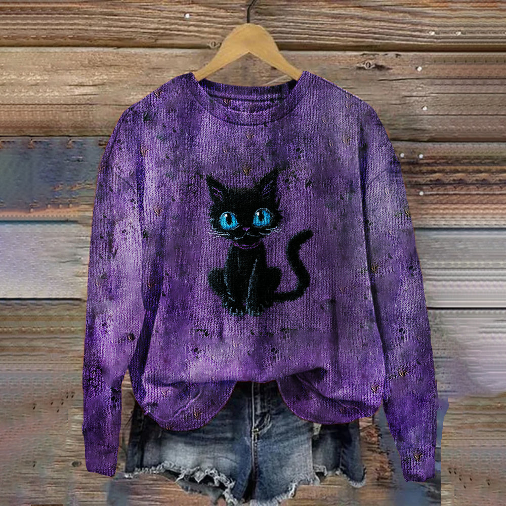 Comstylish Halloween Blue-eyed Cat Purple Dirty Round Neck Sweater