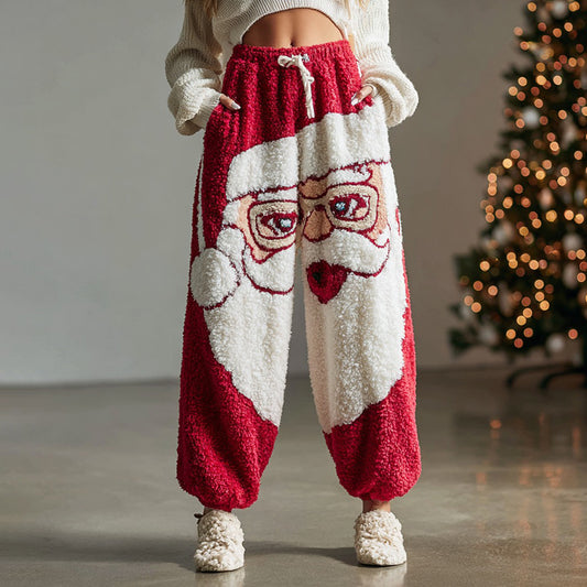 Comstylish Women's Santa Claus Pattern Plush Warm Sports Pants