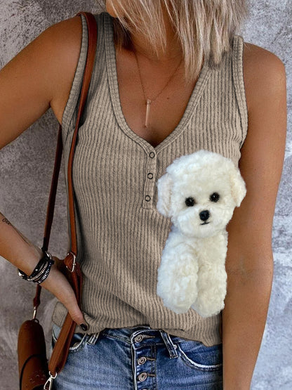 Comstylish Fizzy Bichon Dog Plush Button Up Tank Top