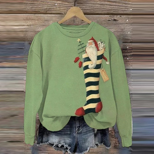 Comstylish Women's Vintage Christmas Santa Claus Print Crew Neck Long Sleeve Sweatshirt