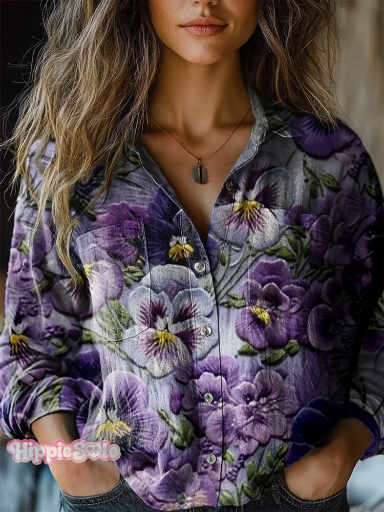 Purple Flowers Print Casual Long Sleeve Comfortable Cotton Shirt
