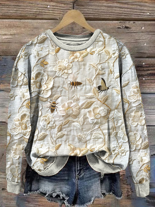 Comstylish Floral Bee Embroidery Pattern Cozy Sweatshirt