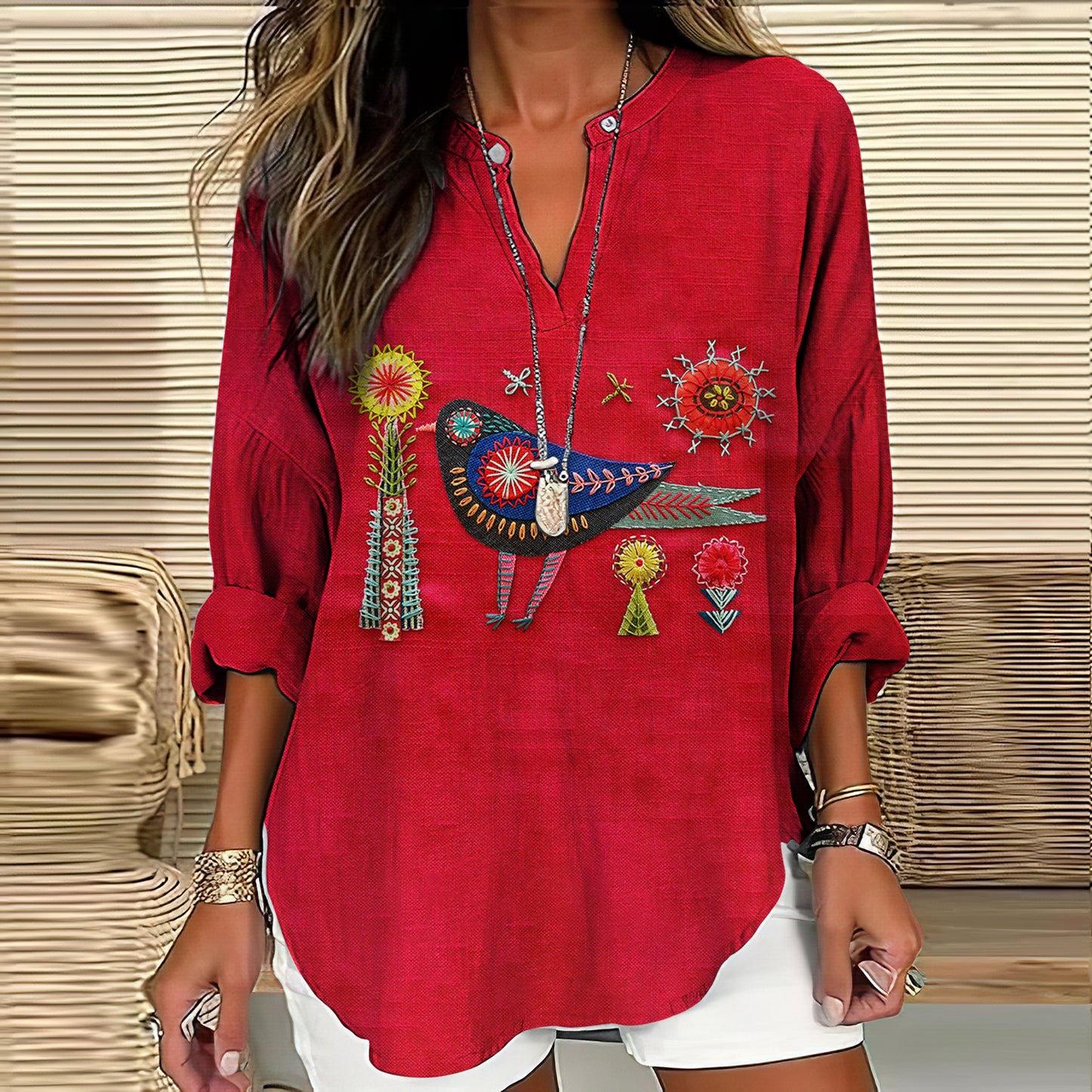 Women's Floral And Bird Embroidery Art Pattern Cotton And Linen V-neck Shirt artswardrobe