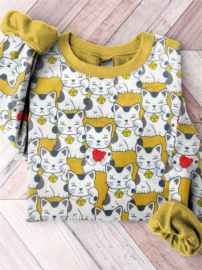 Lucky Cat Traditional Japanese Art Print Cotton Cozy Sweatshirt elevenforest