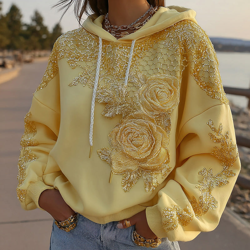 Comstylish Women's Retro Yellow Rose And Honeycomb Pattern Casual Hoodie