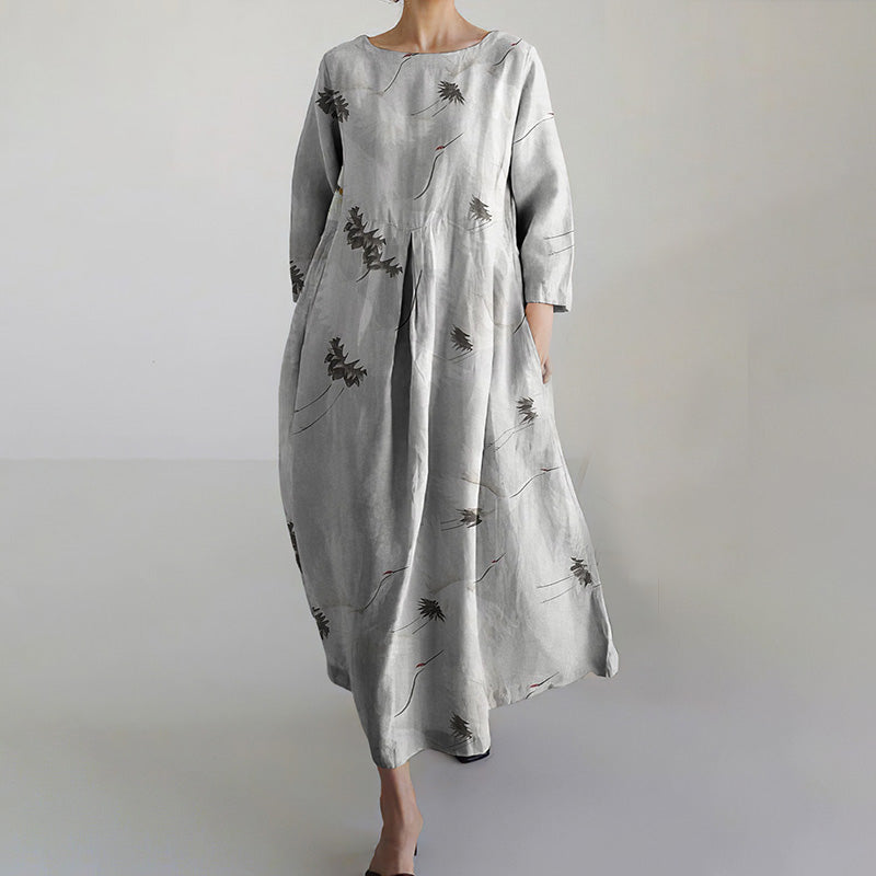 Comstylish Casual Cotton And Linen Crane Print Women'S Round Neck Dress
