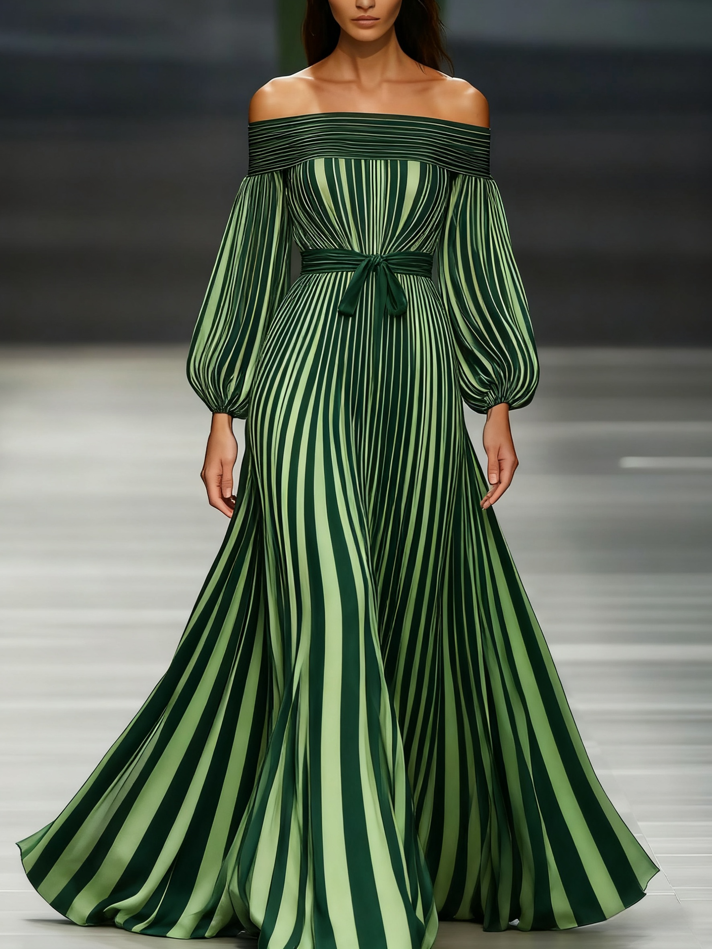 Women's off-the-shoulder long-sleeved green chiffon dress