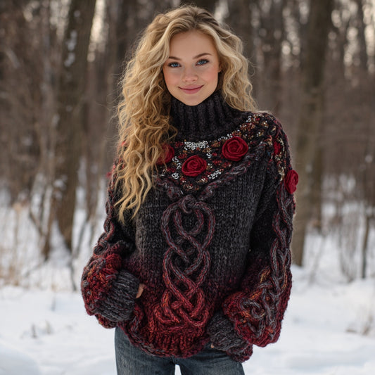 Vintage Tribal Celtic Roses Gradient Art Cozy Knit Turtleneck Sweater artswardrobe