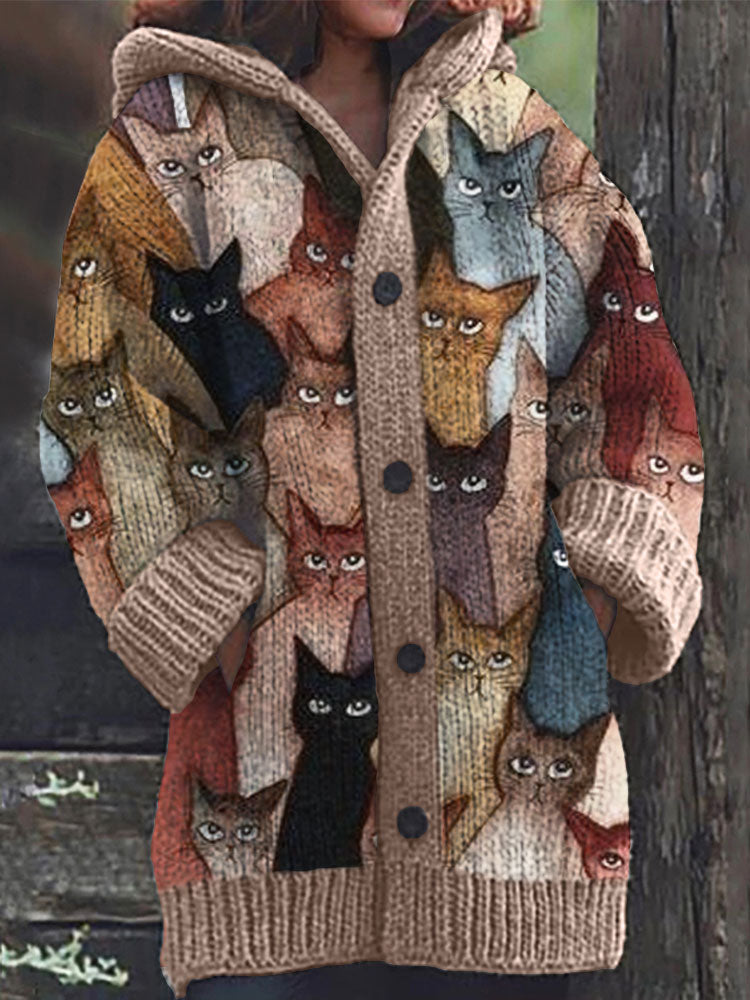 Colorful Cats Pattern Cozy Hooded Cardigan elevenforest