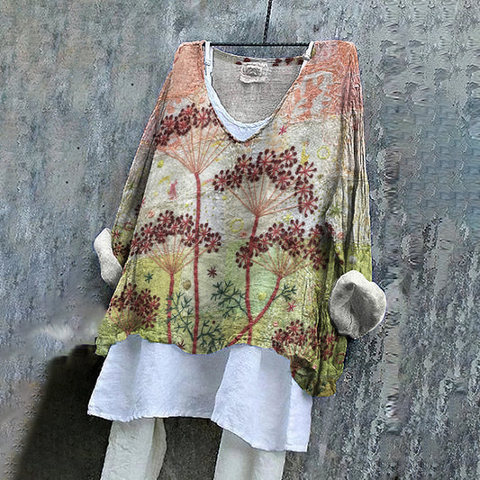 Retro Fanciful Garden Floral Embroidered Art Linen Blend Tunic artswardrobe