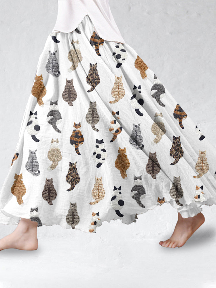 Cute Cats Embroidery Pattern Linen Blend Skirt elevenforest