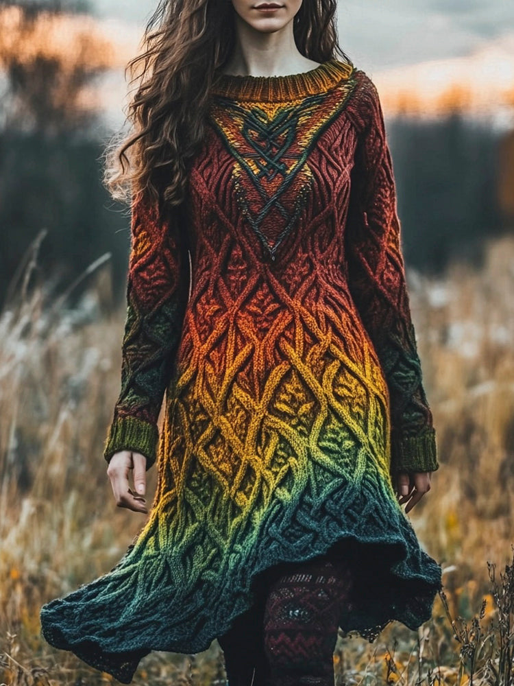 Viking Gradient Knit Totem Women's Sweater Midi Dress artswardrobe