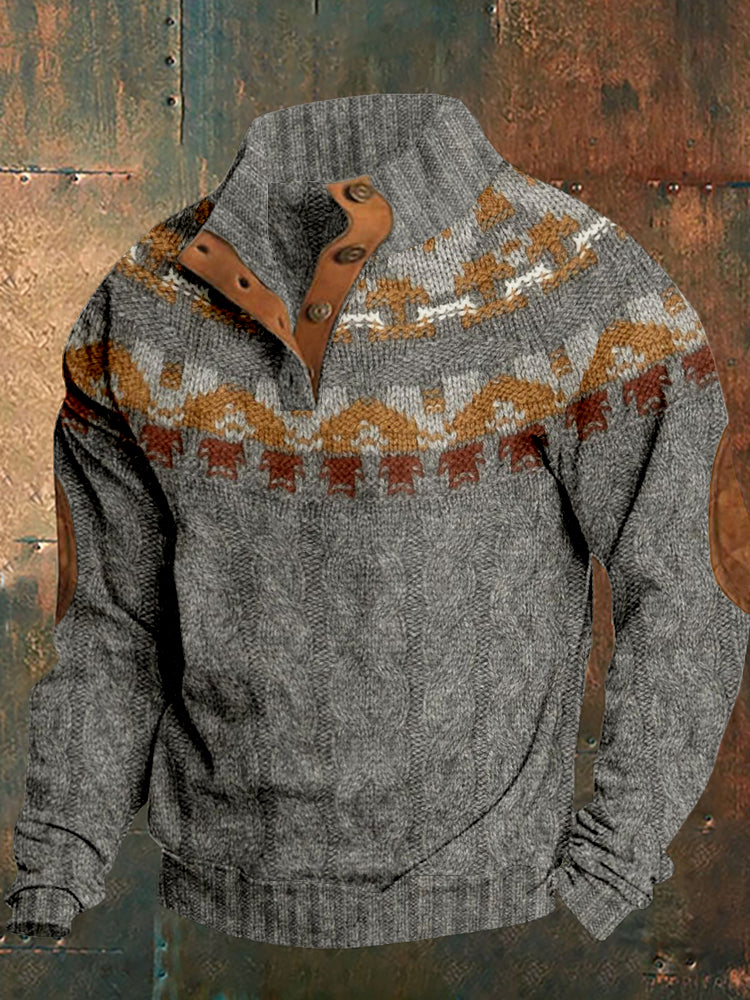 Men's Vintage Knitted Pattern Buttoned Cozy Sweatshirt elevenforest