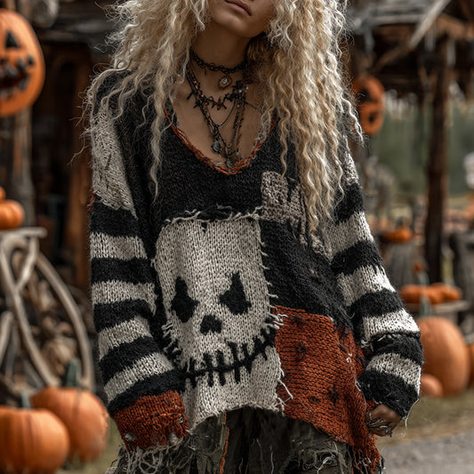 Halloween Evil Face Art Cozy Knit Sweater artswardrobe