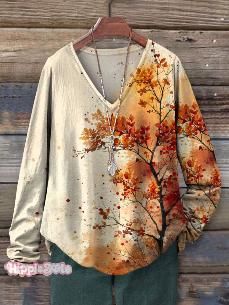 Women's Atumn Art Print 100% Cotton Casual V-neck Long Sleeve Shirt