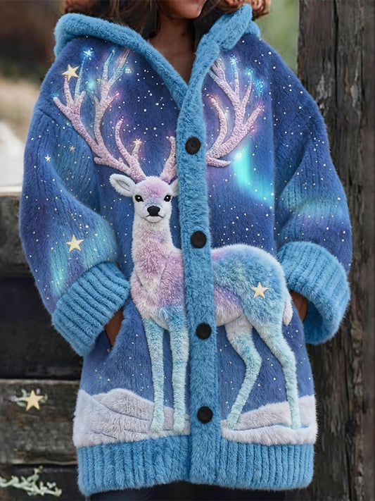 Comstylish Aurora Reindeer Embroidered Cozy Knit Hooded Cardigan