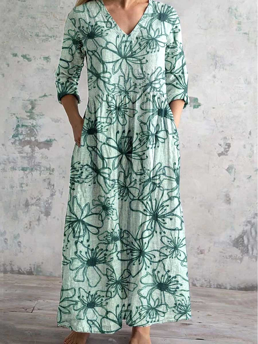 Women's Elegant Simple Jasmine V Neck Pocket Cotton and Linen Dress