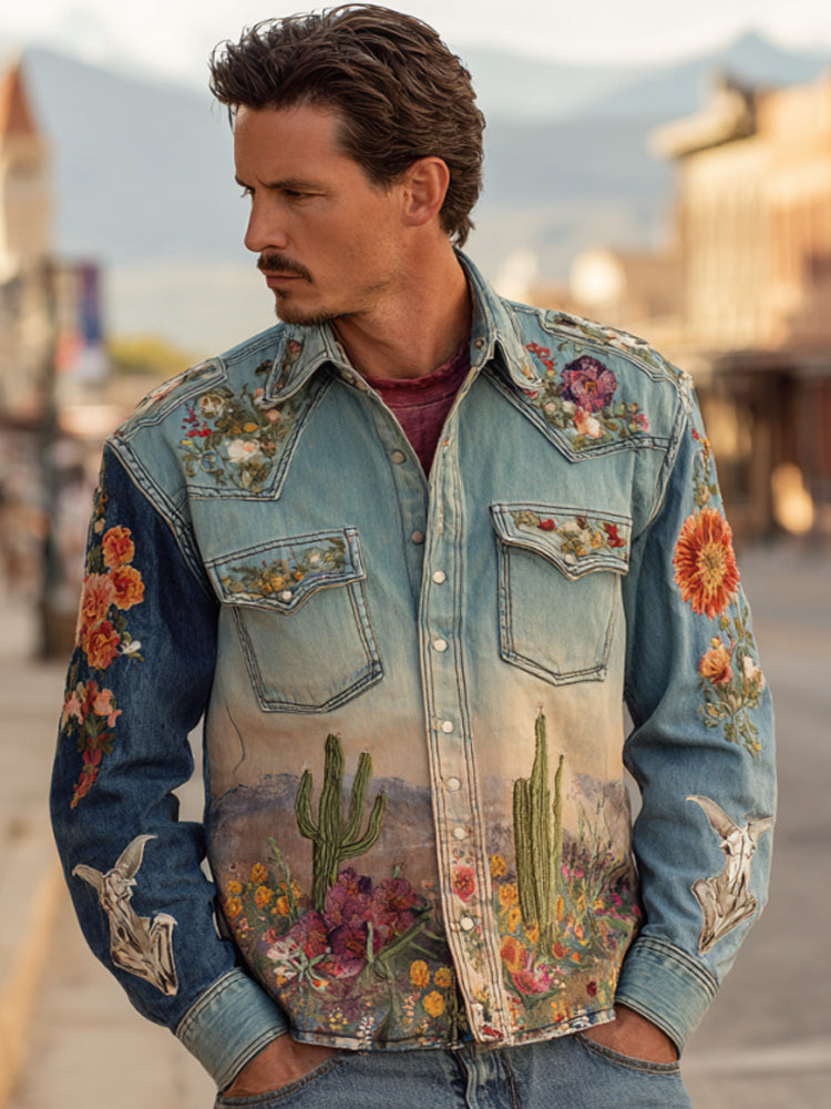 Men's Vintage Faded Denim Western-style Embroidered Printed Shirt artswardrobe