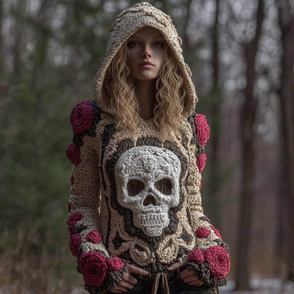 Comstylish Women Halloween Pink Vintage Pink Fairy Rose Skull Complex Crochet Hooded Sweater