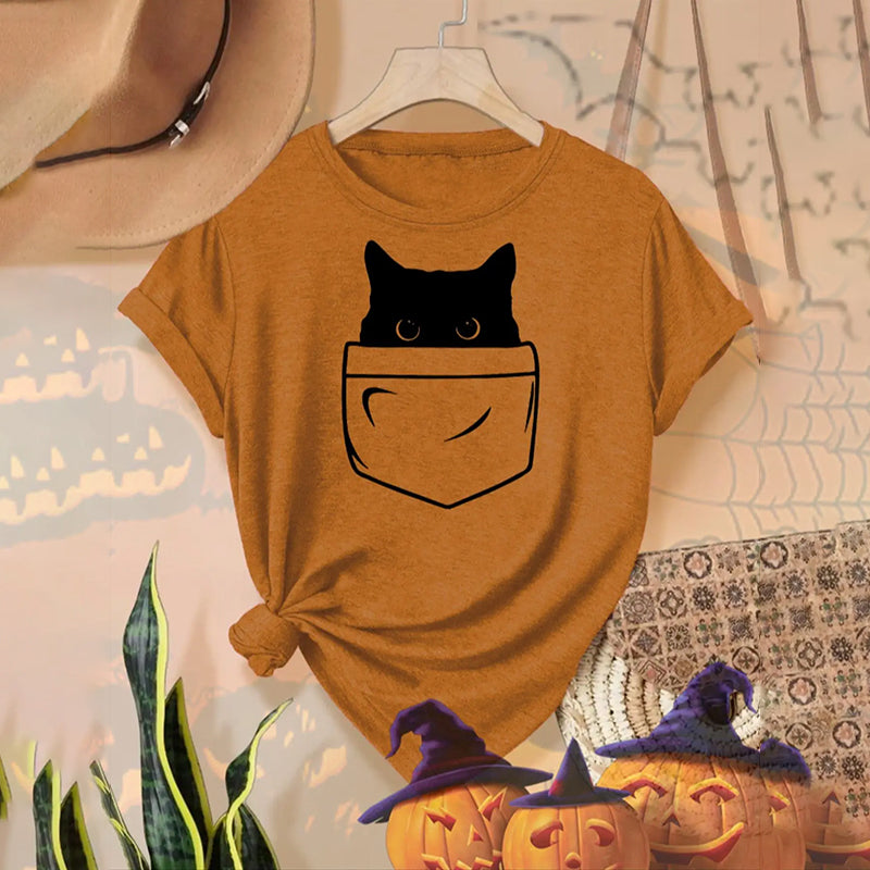 Abstract Creative Pocket Black Cat Art Print  T-shirt elevenforest