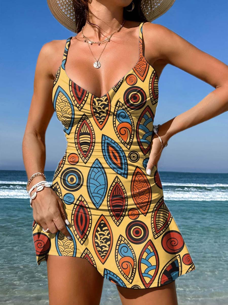 V-Neck Retro Africa Ethnic Art Print Suspender Skirt Tankini Pantskirt Set Swimsuit