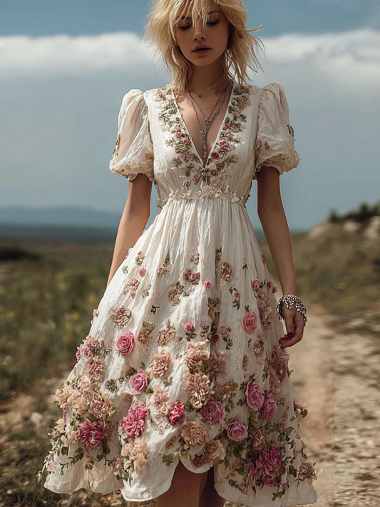 Comstylish Bohemian Style Plant Flower And Butterfly Pattern Embroidery Women's Cotton And Linen Dress