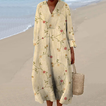 Vintage Floral Art Cotton Linen Comfy Maxi Dress artswardrobe