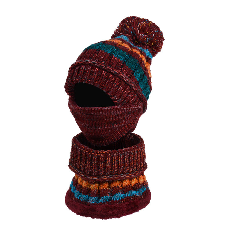 Three-Piece Fleece And Color-Block Knitted Hat, Scarf And Mask elevenforest