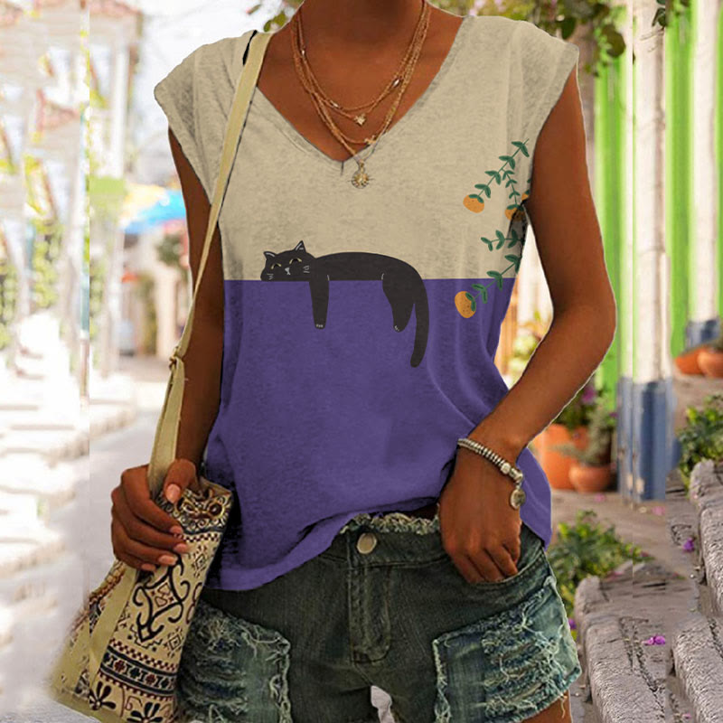 Comstylish Abstract Creative Lazy Black Cat Art Painting Art Tank Top