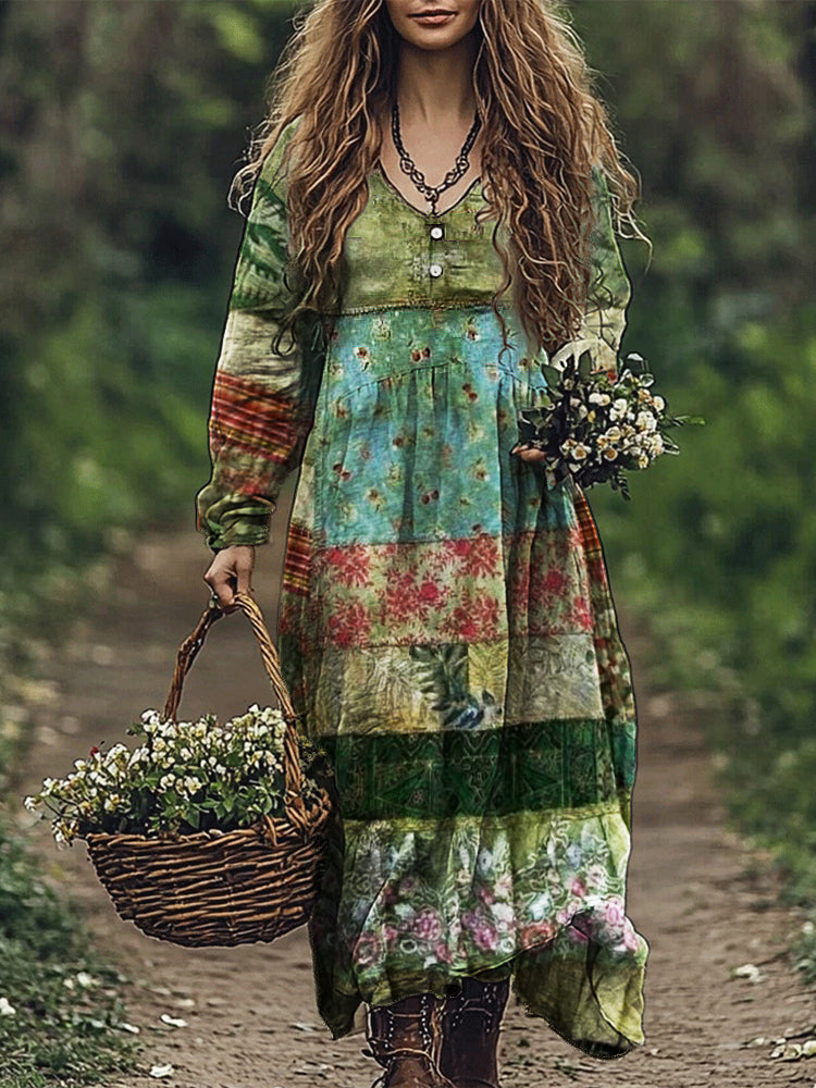 Vintage Cottage Floral Boho Patchwork Linen Blend Maxi Dress artswardrobe