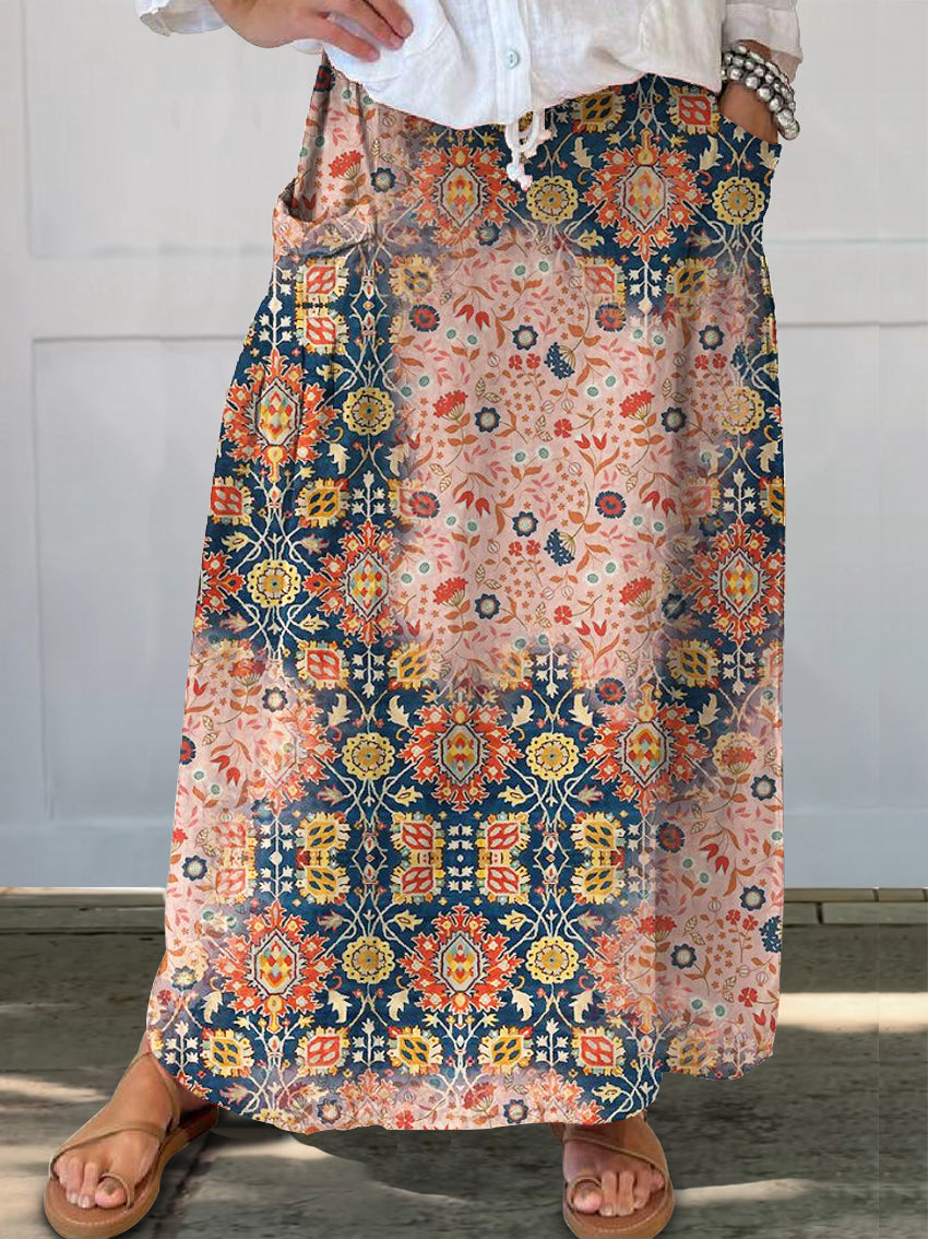 Women's Ethnic Totem Flower Collage Print Linen Pocket Skirt