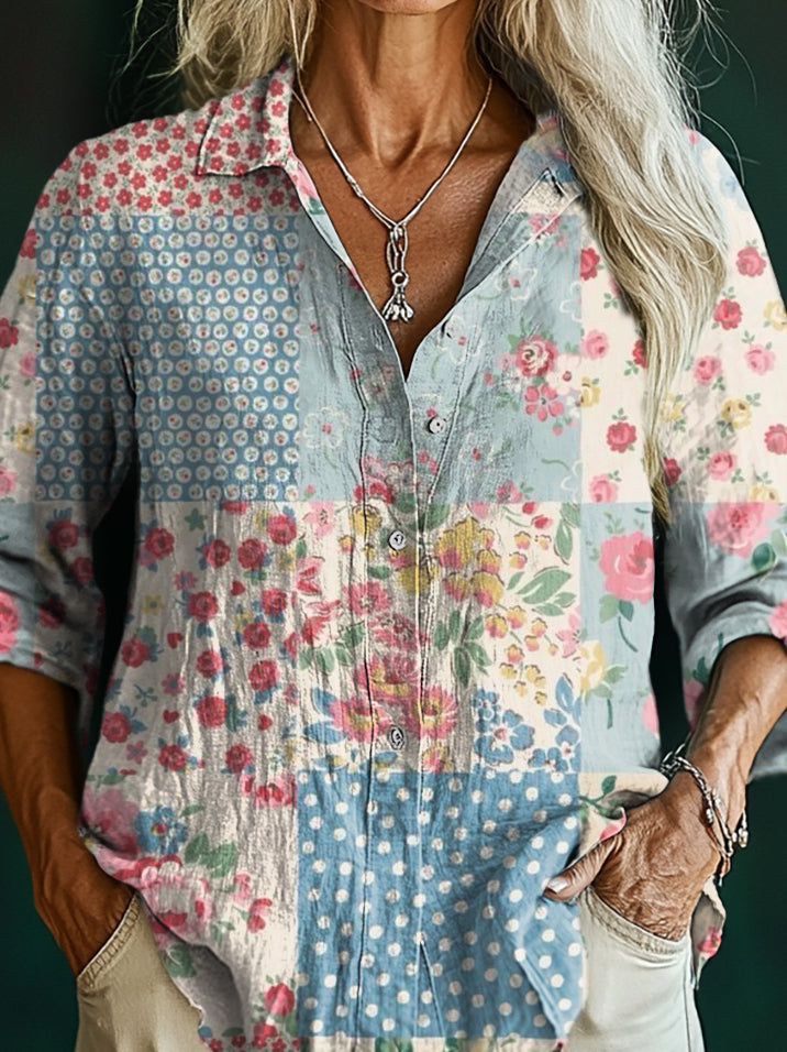Women's Vintage Floral Patchwork Art Print Casual Cotton Shirt
