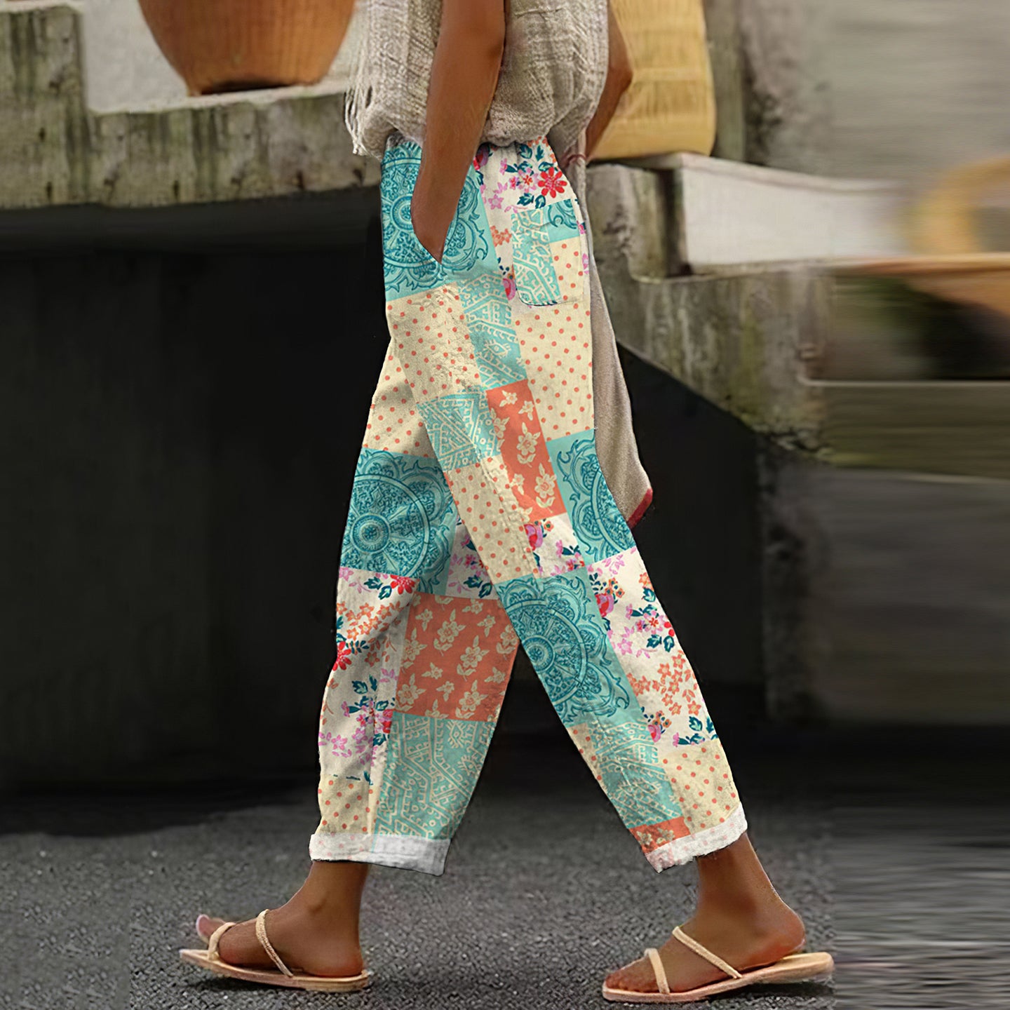 Comstylish Vintage Patchwork Floral Art Cotton Linen Pants