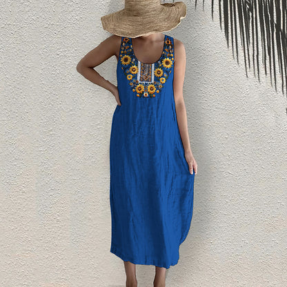Ukrainian Sunflower Art Pattern Linen Tank Dress artswardrobe