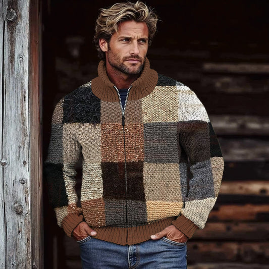Men's Retro Colorblock Patchwork Cozy Zip Cardigan artswardrobe