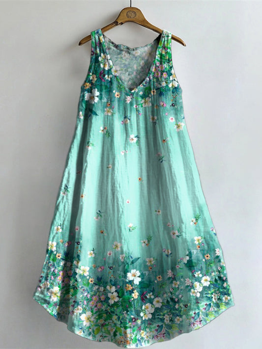 Women's Floral Art Print V-Neck Pocket Cotton Dress